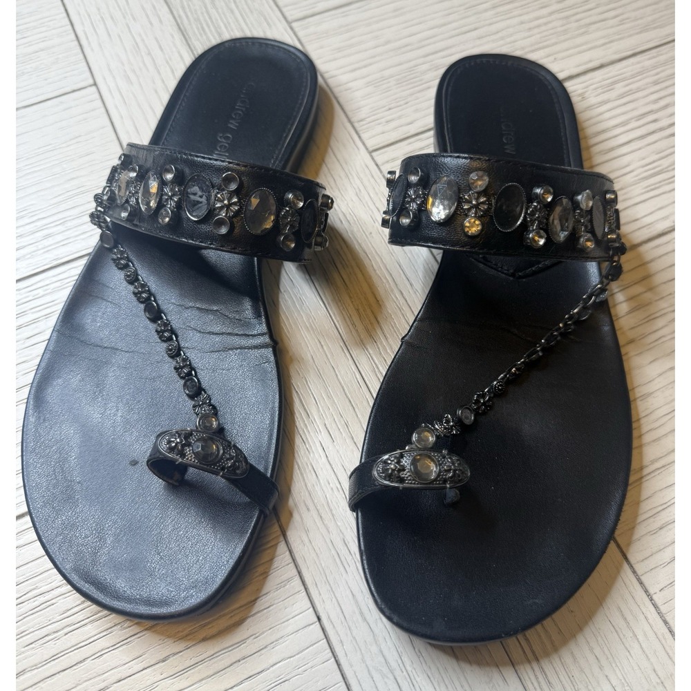 Andrew Geller‎ Believe Black Jeweled Flat Sandals W/ Toe Loop & Chain. Sz 7.5M